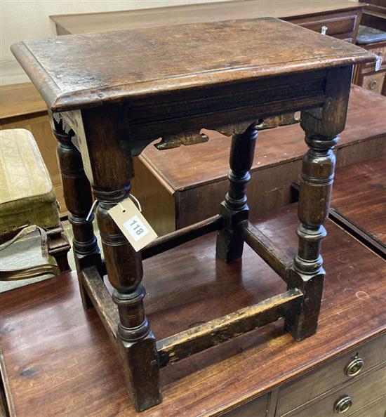 A 17th century oak joint stool, width 48cm, depth 27cm, height 57cm